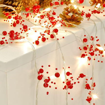Mosoan 10FT 30 LED Christmas String Lights Battery Operated, 2 Light Modes Christmas Lighted Red Berry Garland for Christmas Tree Fireplace Decoration Indoor
