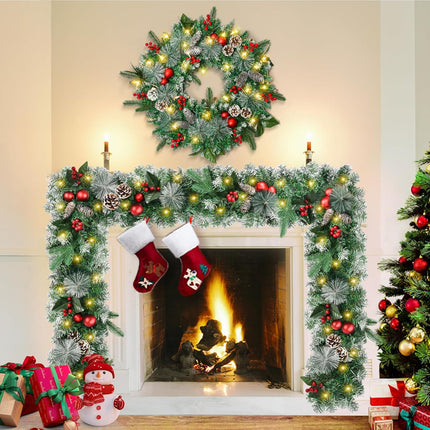 TechKen 9 FT Christmas Garland with Lights, Artificial Prelit Pine Cones Garland with Red Berries Indoor Outdoor for Christmas Stairs Railing Fireplace Front Door Decor