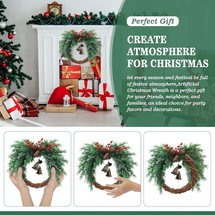 Christmas Wreath with Boho Bells - 20 Inch Farmhouse Christmas Artificial Pine Wreaths for Front Door - Winter Rattan Door Wreath with Pine Cone for Christmas Decor