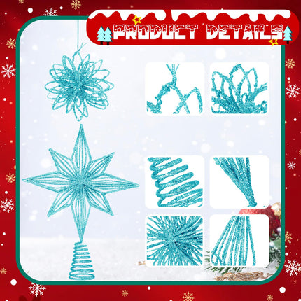Barydat 17 Pcs Christmas Tree Decorations Set Glitter Star Christmas Tree Topper Metal Xmas Treetop with 16 Hanging Flower Christmas Balls Ornaments for Holiday Xmas Tree Party Decoration (Light Blue)