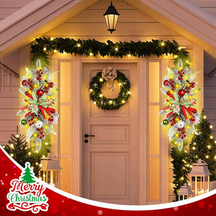 2 Pack Christmas Artificial Swags 24 in Prelit Flocked Xmas Door Stair Swags Teardrop Swag Cordless Christmas Stairway Decoration with LED Lights for Indoor Outdoor (Elf, Red and Green)