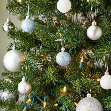 48 Pack Mini Ball Ornaments for Small Christmas Tree, Blue, White, Silver Shatterproof Decorations (1.5 In)