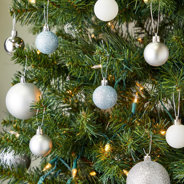 48 Pack Mini Ball Ornaments for Small Christmas Tree, Blue, White, Silver Shatterproof Decorations (1.5 In)