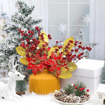 4 Pcs Christmas Poinsettia Picks Christmas Magnolia Flowers Artificial Glitter Christmas Flowers with Christmas Balls Red Berries Gold Leaves for Xmas Tree Wreath Vase Floral Arrangement