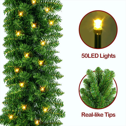 2 Pack 9FT Prelit Christmas Garland Artificial Pine Garland Decoration 50LED Battery Operated Warm Lights and Timer Xmas Garlands Decor Indoor Outdoor (Classic Green)