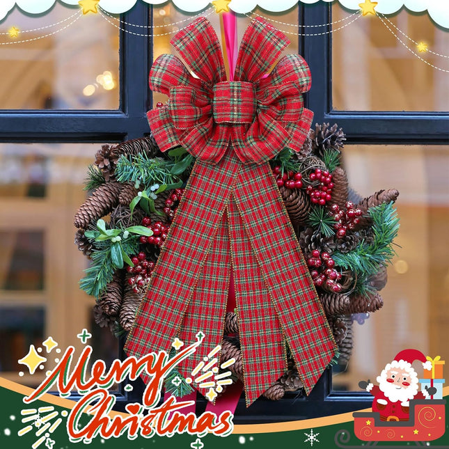 Yinkin Christmas Wreath Bows Buffalo Plaid Wreath Bows for Front Door Holiday Bow Knots Tree Topper Bows for Winter Xmas Party Porch Mailbox Indoor Outdoor Decor (6 Pcs,11.4 x 19.6 Inch)