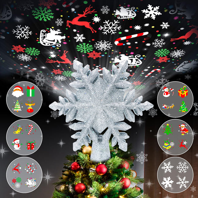 Christmas Tree Topper Projector Light with 6 Patterns, Snowflake Christmas Tree Topper with Built-in LED Projector Lights, Dynamic Projection for Christmas Tree Decorations, Holiday Decoration