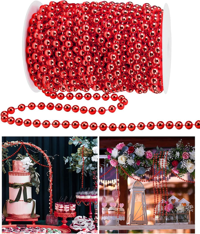 60.5FT Christmas Tree Beads Garland Decor Artificial Plastic Pearls Beads Roll for Xmas Tree Party Wedding Decoration Supplies(Red)