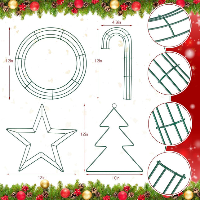 Pelopy 8 Pcs Christmas Wire Wreath Frames 12 Inch Christmas Tree Round Candy Cane and Pentagram Shaped Green Wreath Form Wreath Ring for Home Arts Crafts DIY Christmas Year Party Decor