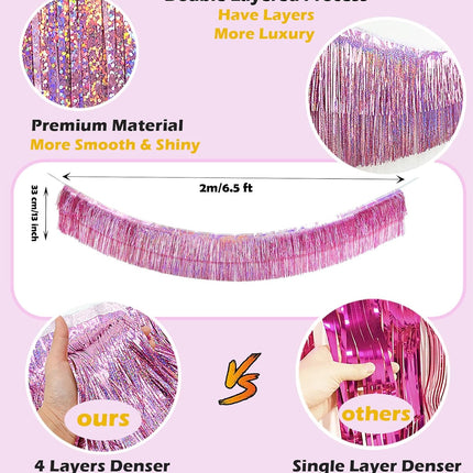 2 Pack Glitter Pink Foil Fringe Garland-4 Layers Thick Shiny Metallic Tinsel Streamers, Hanging Fringe Banner for Wedding Christmas Decoration Home Hanging Parade Floats