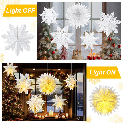 Riakrum 5 Pcs Christmas Snowflake Paper Lantern with 7 Light Star Paper Lantern Paper Lamp Frozen Party Hanging Decoration for Christmas Weddings Christmas Trees Birthday Holiday Celebration
