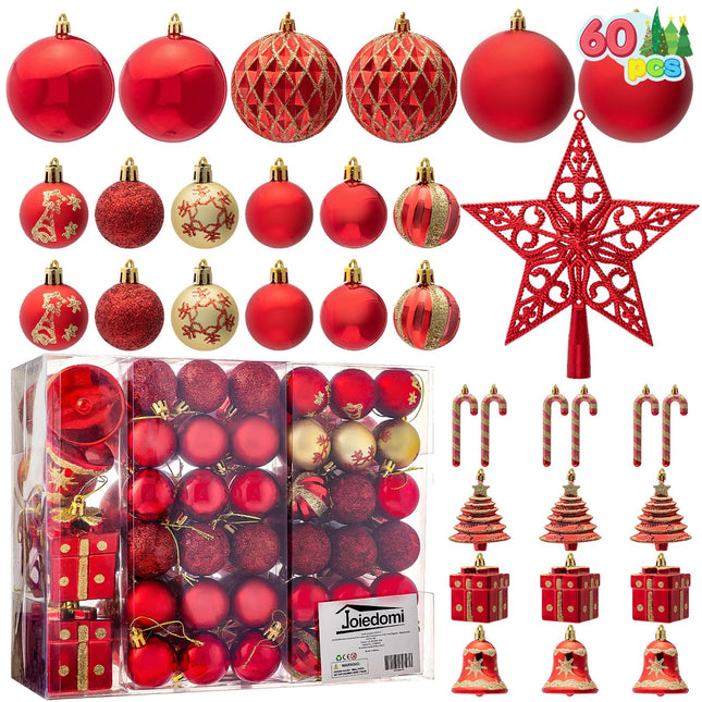Joiedomi 60 Pcs Christmas Assorted Ornaments with a Star Tree Topper, Shatterproof Christmas Ornaments for Holidays, Party Decoration, Tree Ornaments, and Events (Red&Gold)