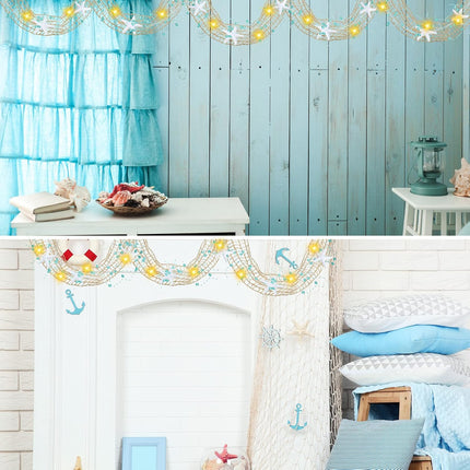 20 Feet Beach Decor Set Diamond Beaded Starfish Garland Christmas Decoration Natural Fish Net Coastal Beach Garland with White Starfish for Xmas Tree Wedding Supplies (Starfish and Light String)