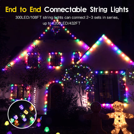 Techip 108FT 300LED Christmas String Lights Outdoor Indoor Extendable Green Wire Memory Function 8 Modes Waterproof Fairy String Lights for Xmas Tree Holiday Party Garden