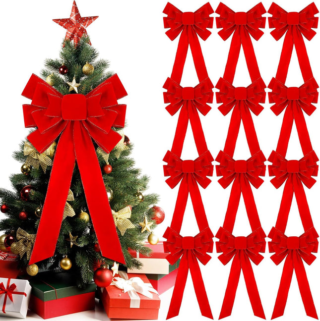 Riceshoot 12 Pcs Red Christmas Bows Outdoor Decorations, 12" x 24" Large Christmas Tree Topper Bow, Velvet Wreath Bow with Glitter Gold Edge for Xmas Home Front Door Decor