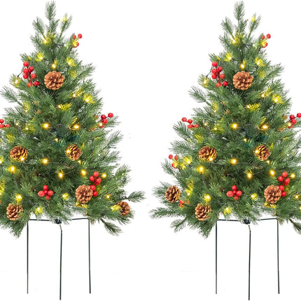 24 Inch Outdoor Christmas Tree 2 Set, Pre-lit Mini Christmas Tree Artificial Pathway Xmas Tree 50 LED with Red Berries, Pine Cones for Porch Holiday Decor
