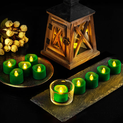 Green Base Warm White Flickering Flame Tea Lights, 6H Timer/Curved Edge Design, Battery Operated LED Flameless Tealight Candles for Party, Christmas and Holiday, Pack of 12
