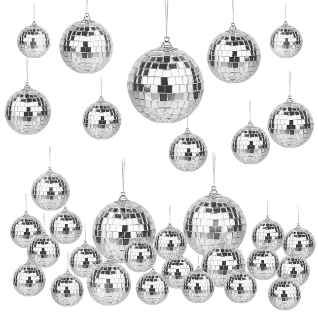 Pllieay 32Pcs Hanging Mirror Disco Ball Ornaments, 3 Sizes Disco Ball Decor, Hanging Disco Balls, Mini Disco Ball Ornaments for Christmas Tree, 70s Party, Music Festival(2”, 1.6”, 1.2”)