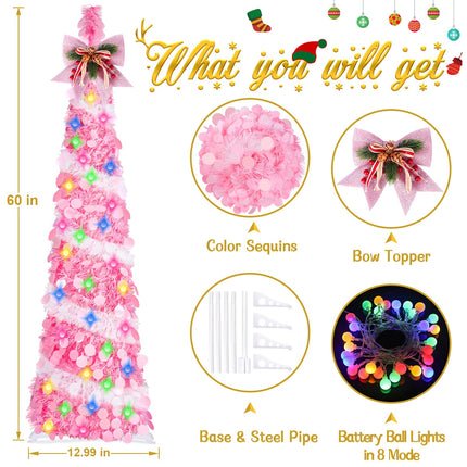 5Ft Pop Up Tinsel Christmas Tree with LED Lights, Sequins, Tree Topper, Collapsible Pencil Christmas Tree Artificial, Holiday Indoor Christmas Decoration for Home, Office, Apartment Xmas Décor