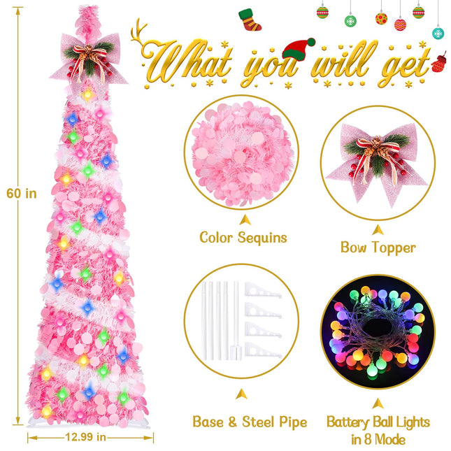 5Ft Pop Up Tinsel Christmas Tree with LED Lights, Sequins, Tree Topper, Collapsible Pencil Christmas Tree Artificial, Holiday Indoor Christmas Decoration for Home, Office, Apartment Xmas Décor
