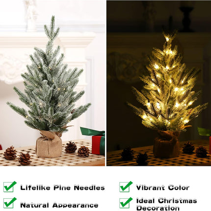 LinTimes 24 Inch Table Top Small Christmas Tree with 50 LED Lights, Prelit Mini Christmas Tree Frosted Pine Tree with Red Berries for Home Table Centerpiece Dining Room Office Desk Decorations