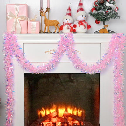 BLEUM CADE 32.8Ft Christmas Tinsel Garland, Iridescent Pink Tinsel Garland for Xmas Tree Decorations Holiday Birthday Wedding Party Supplies