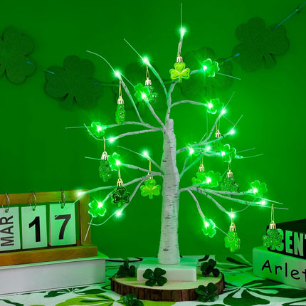 St Patricks Day Decorations, 18 Inches 24 LED Lighted Birch Tree Tabletop Decoration with 12 PCS Glitter Shamrock Ornaments, USB Battery Operated Lucky Tree Decor for St Patricks Day Irish Party