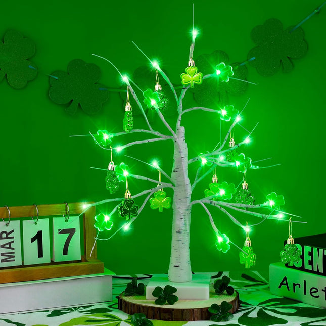 St Patricks Day Decorations, 18 Inches 24 LED Lighted Birch Tree Tabletop Decoration with 12 PCS Glitter Shamrock Ornaments, USB Battery Operated Lucky Tree Decor for St Patricks Day Irish Party