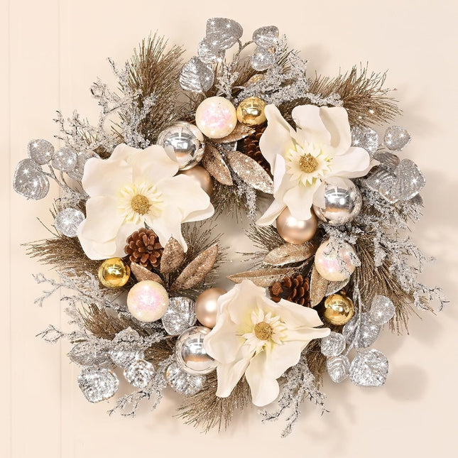 Christmas Wreath - Christmas Wreaths for Front Door with Lights, 18" Christmas Door Wreath with Magnolia Flowers Champagne Gold Christmas Balls for Home Wall Window Indoor Outdoor Decorations