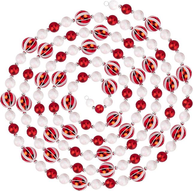 9 Foot Red & White Peppermint Swirl Bead Candy Christmas Garland Farmhouse Rustic Glitter Beaded Christmas Tree Garland for Retro Vintage Candy Trees Garland Christmas Decorations for Indoor Use