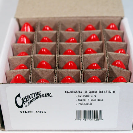 Creative Hobbies® Box of 25 Light Bulbs, Ceramic Opaque Red, Steady Burning, 7 Watt, C7 Candelabra Base -Great for Night Lights, Decorative Lights and Christmas Strings