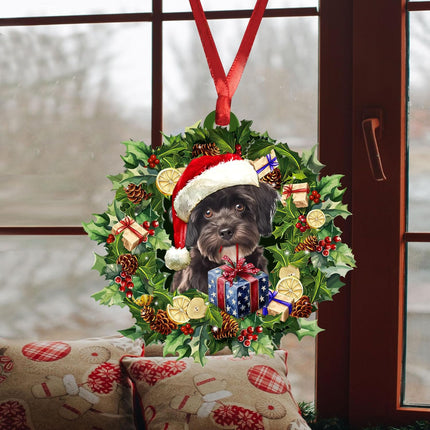 Talataca Schnoodle 2D Flat Christmas Ornament, Schnauzer Poodle Mix Wearing A Christmas Hat Wreath Pine Tree Decor, Hanging House Charm Eve Keepsake, Car Rear View Mirror Accessories, Xmas