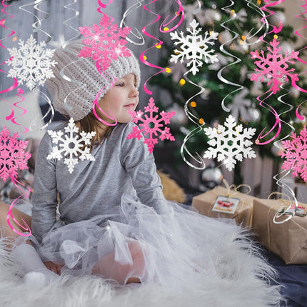 32 Pcs Pink Silver Glitter Snowflake Hanging Swirls Decoration Christmas Ceiling Decorative Streamers Snowflake Ornaments Garland Winter Holiday Wonderland Frozen Party Supplies
