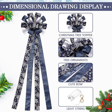 Zeyune Christmas Tree Topper 12 x 45 inches Large Christmas Bows LED Lights Glitter Satin Mesh Streamer Snowflake Ribbon Decorative Bows for Christmas Tree Decorations(Blue)