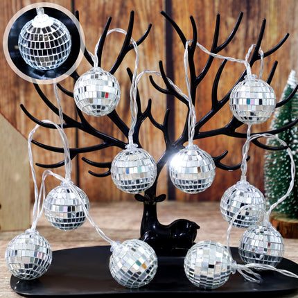 BBTO 2 Inch LED Disco Ball Decorations Mirror Lighted Disco Balls String Lights Mini Disco Ball Christmas Tree Ornaments for Xmas 70s Disco Party Supplies(Silver)