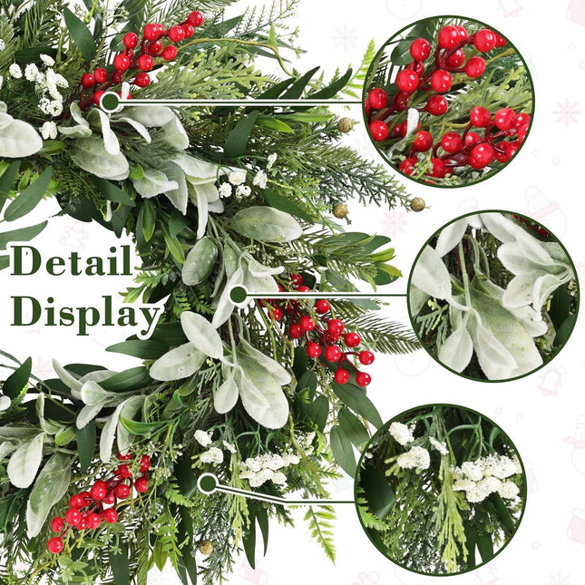 24" Realistic Christmas Wreath with Red Berries, Winter Eucalyptus Artificial Faux Evergreen Wreath Greenery Decoration for Front Door Window Home Wall Farmhouse Holiday Outdoor Indoor Décor