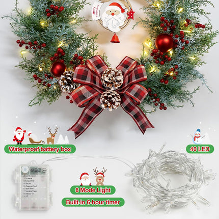 Christmas Wreaths for Front Door, 21 Inch Pre-Lit Christmas Wreath with 40 LED Lights, Santa Claus Lighted Wreath Christmas Decoration for Door Porch Fireplace Window