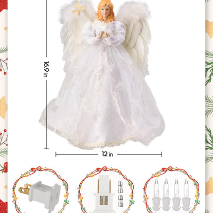 Christmas Tree Topper Angel with Lights, Xmas Tree Toppers Decorations Ornament with White Feather Wings, Plug in Christmas Tree Angel Treetop for Indoor Office Holiday