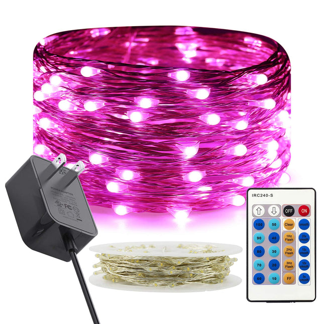 RUICHEN Twinkle String Lights Plug in, Dimmable 33Ft 100 LED Fairy Lights with Remote, Waterproof Silver Wire Firefly Lights for Christmas Easter Valentines Day Wedding Party Bedroom Patio (Pink)