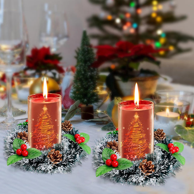 6 Pcs 4.1 inch Christmas Candle Rings- Xmas Artificial Berries Candle Wreath Holder with Pine Cones for Pillar Rustic Wedding Centerpiece Holiday Table Decoration