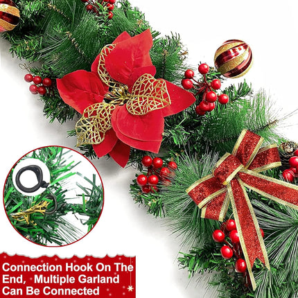 2 Pack 9 Ft Each Thicker Prelit Christmas Garland 8 Modes Timer 5 Poinsettia 4 Balls 300 Tips 198 Red Berry 4 Bow 18 Pine Cone Cedar Garland Xmas Decorations Home Indoor Outdoor, Total 18 Ft 100 LED