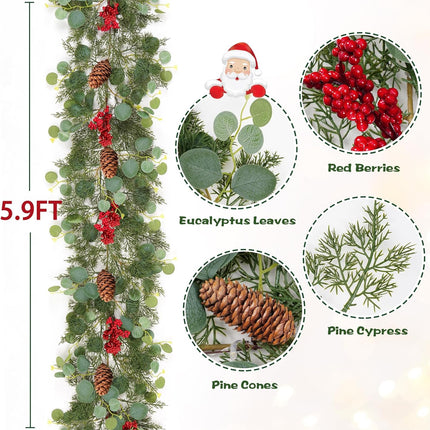 Waipfaru Christmas Decorations, 5.9FT Christmas Garland with Lights, Prelit Lighted Christmas Greenery Cedar Garland Cypress for Home Table Mantel Stair Railing Indoor Outdoor Xmas Decor