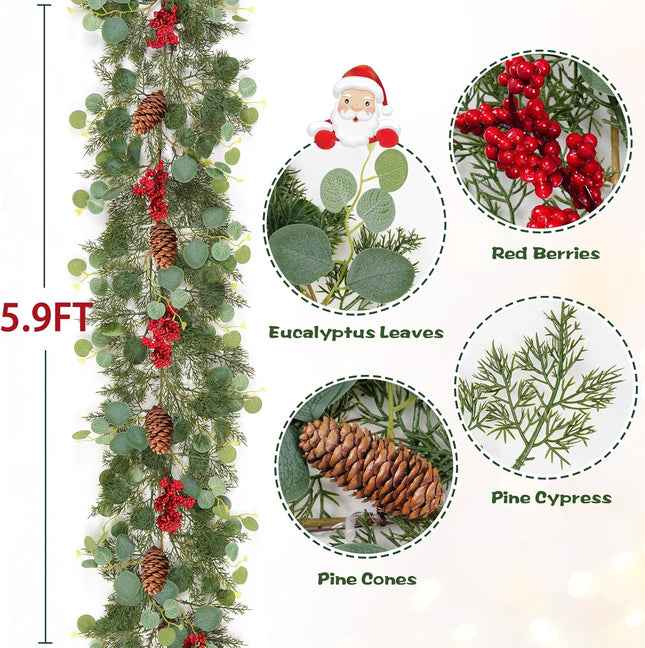 Waipfaru Christmas Decorations, 5.9FT Christmas Garland with Lights, Prelit Lighted Christmas Greenery Cedar Garland Cypress for Home Table Mantel Stair Railing Indoor Outdoor Xmas Decor