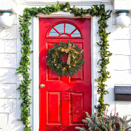 Christmas Wreath with 25 Led Lights, Battery Operated Prelit Outdoor Christmas Wreath with Bows Balls Pine Cones 18" Artificial Christmas Wreaths for Front Door Windows Fireplace Christmas Decorations