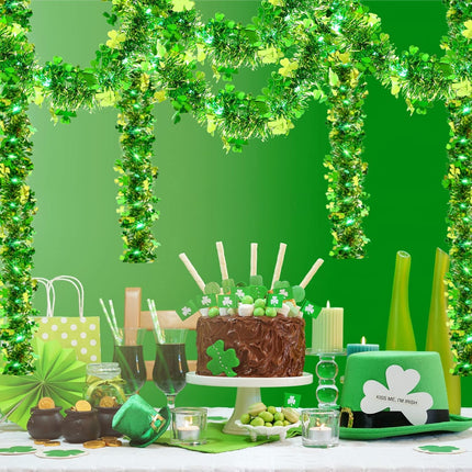 Kajaia 65.6 Feet Valentine's Day St. Patrick's Day Tinsel Garland with Lights Valentine Love Tinsel Garland Green and Gold Shamrock Garland for Party Home Indoor Outdoor(Green)