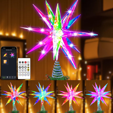 Christmas Star Tree Topper, 10.6" Smart Star Tree Top of Crystal-Like 3D Polygonal Shell, Light Tree top w/Remote Control/App, Music Sync RGB Color Changing Control LED Christmas Light, 18 Lights