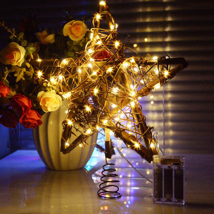 Star Christmas Tree Topper, Rattan Natural Christmas Tree Topper Lighted with 23Ft 30LED Warm White Battery Powered Copper Lights, Rustic Farmhouse Xmas Tree Topper Star Christmas Decorations