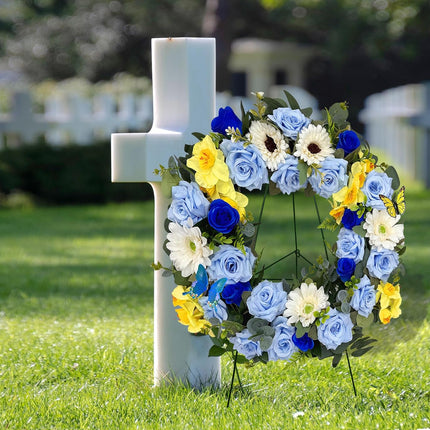 MUVIC Handmade Cemetery Wreath with Grave Holder, Artificial Flower Wreaths for Tombstone Decoration of Memorial Day/Mother's Day/Father's Day/Christmas,Blue,Yellow,White