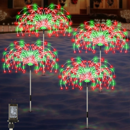 Enhon 4 Pack Plug in Christmas Pathway Firework Lights, 1440 LED Waterproof Xmas Garden Starburst Stake Lights with 8 Modes for Driveway Walkway Yard Lawn Patio Decorations(Red, Green)