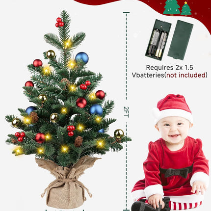 24 Inch Pre-lit Artificial Mini Christmas Tree, Vlorart Christmas Tree Tabletop Small Christmas Tree with Lights Includes Colored Balls, Berries, Pine Cones, and Cloth Bag Base
